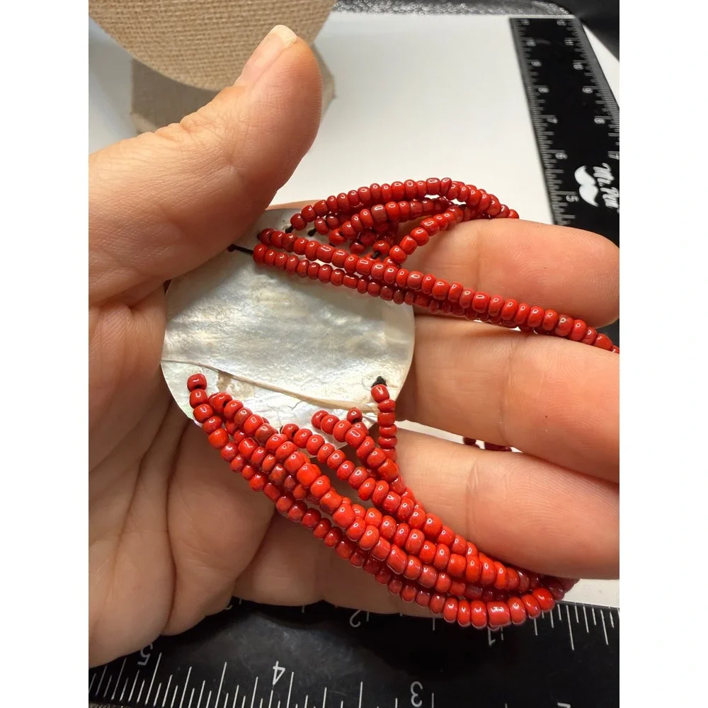 Red Seed Bead Multi Strand Bracelet Mother‎ of Pearl Shell Iridescent Statement